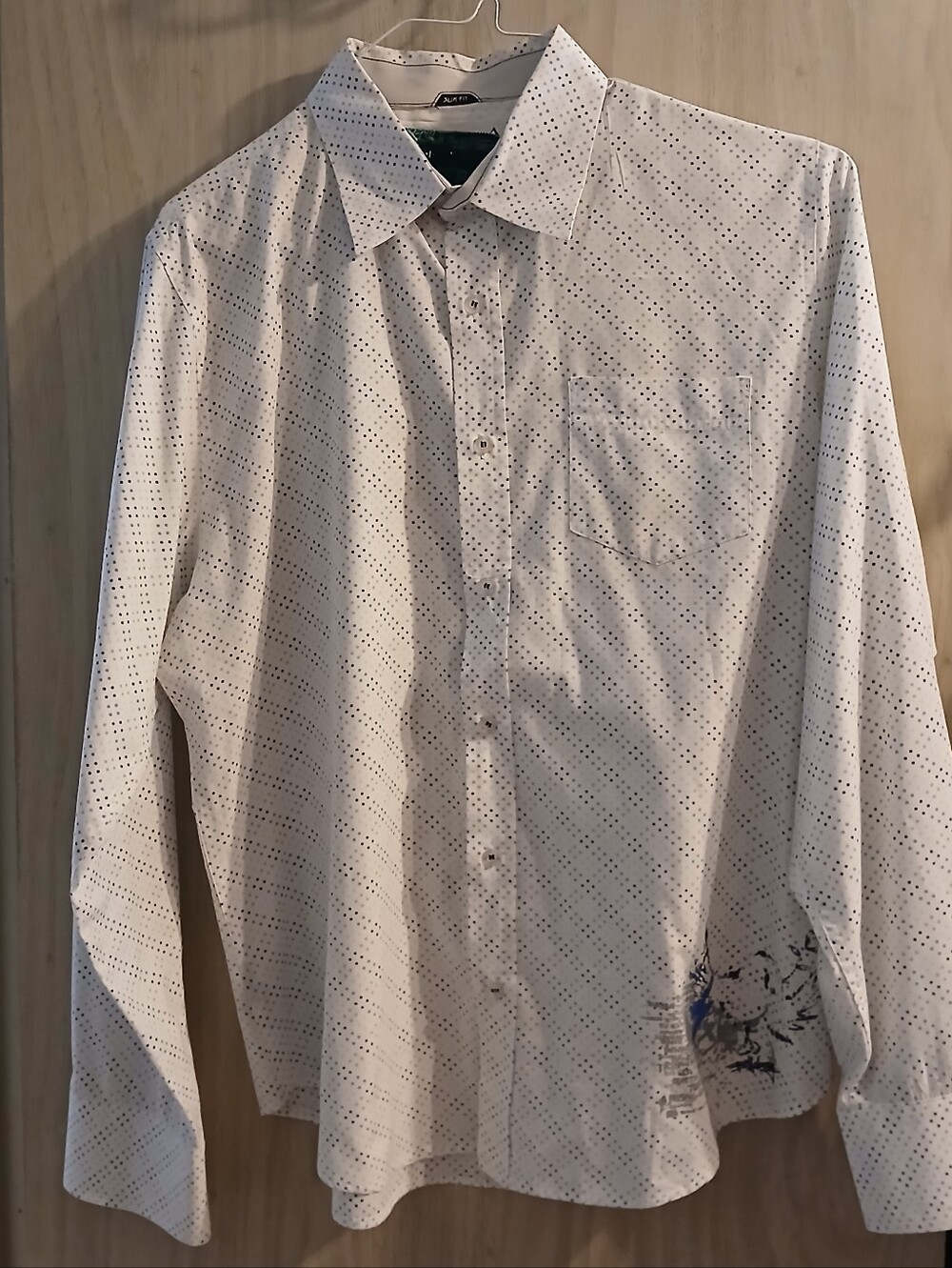 Men's Short-Sleeve White Button-Down Shirt with Blue And Gray Dot Print